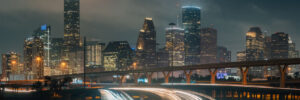 Cityscape photo of the Houston skyline at night, in Houston, Texas